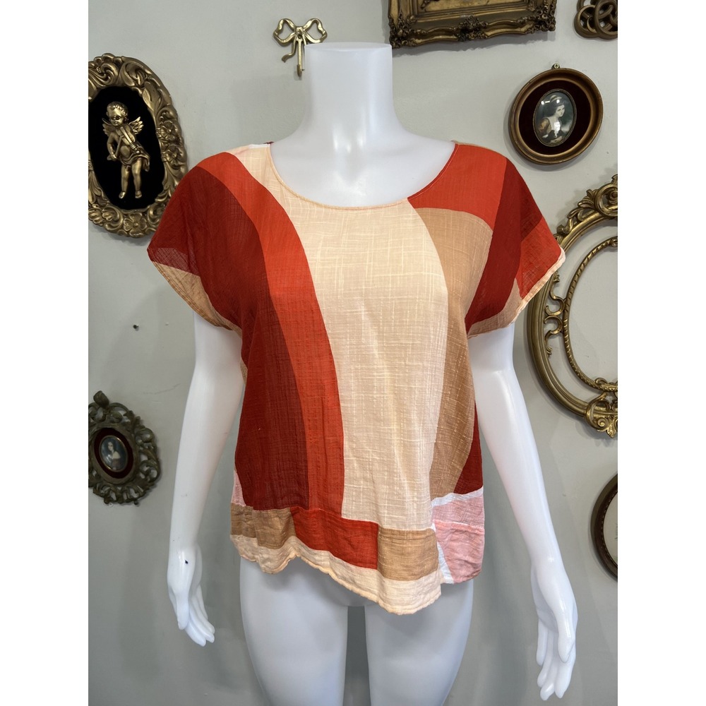 Ma Poésie Paris Multicolor Abstract Geometric Block Short Sleeve Blouse Top Sz S
